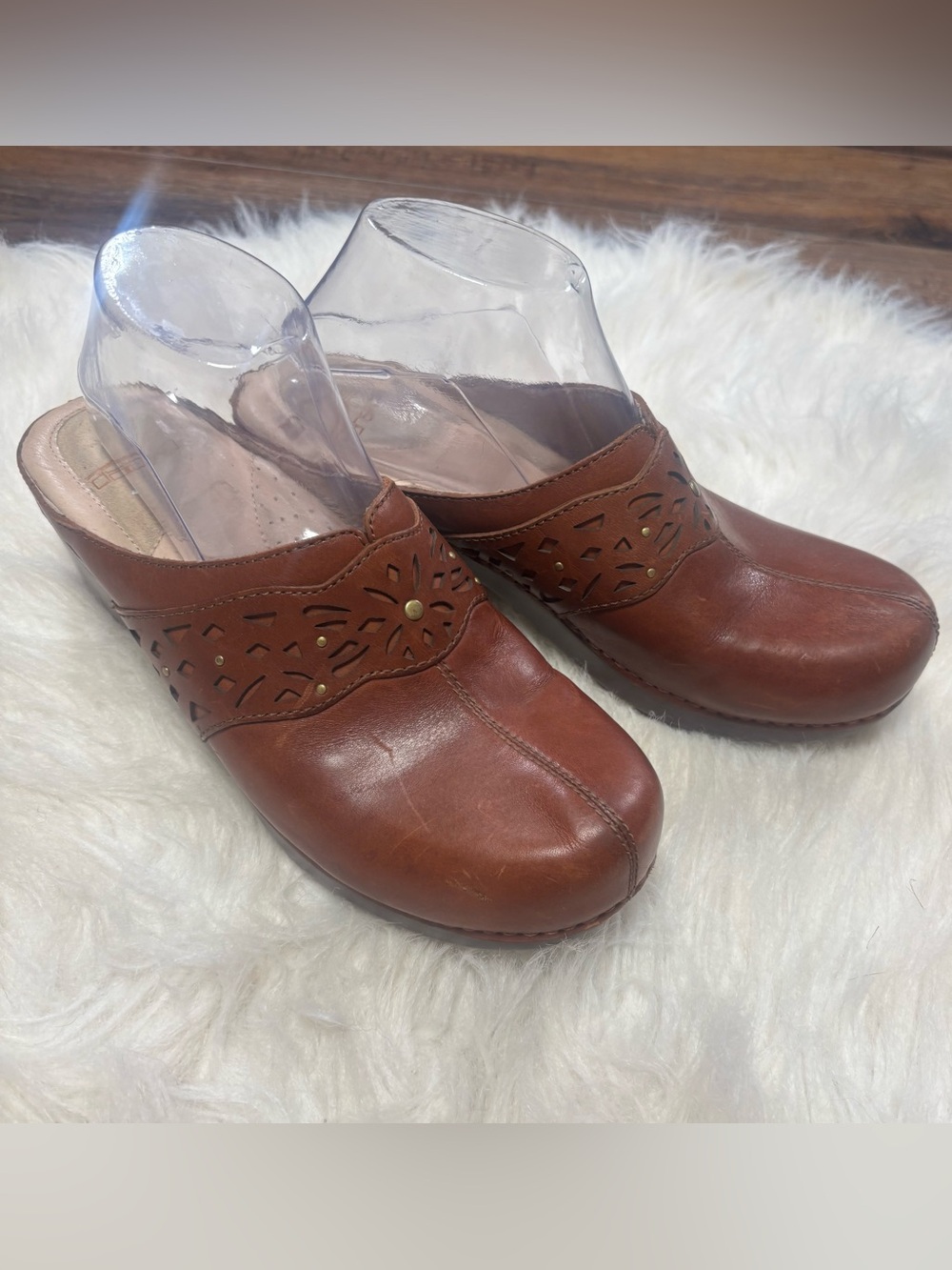 Dansko Brown Leather Slip-On Heeled Clogs with Floral Laser Cut Details size 40